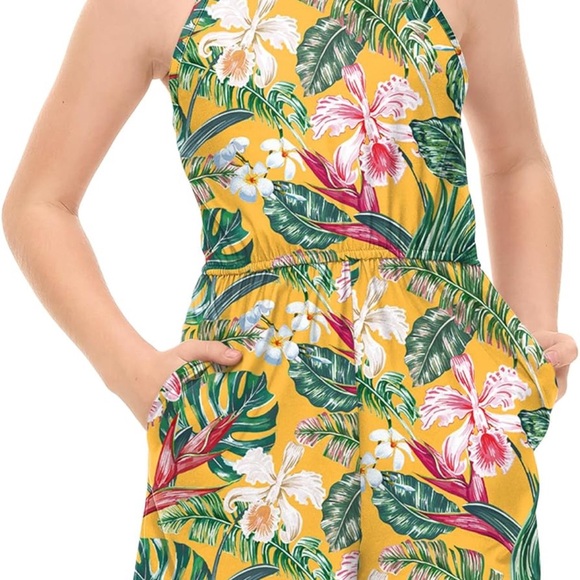 Tropical Yellow and Green Romper with Vibrant Print - Picture 1 of 7